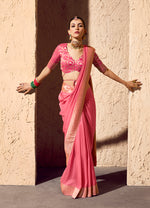 Thumbnail for Monjolika Fashion Light Pink Crepe Georgette Zari Weaving Work Saree - Distacart