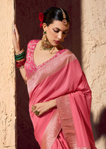Thumbnail for Monjolika Fashion Light Pink Crepe Georgette Zari Weaving Work Saree - Distacart