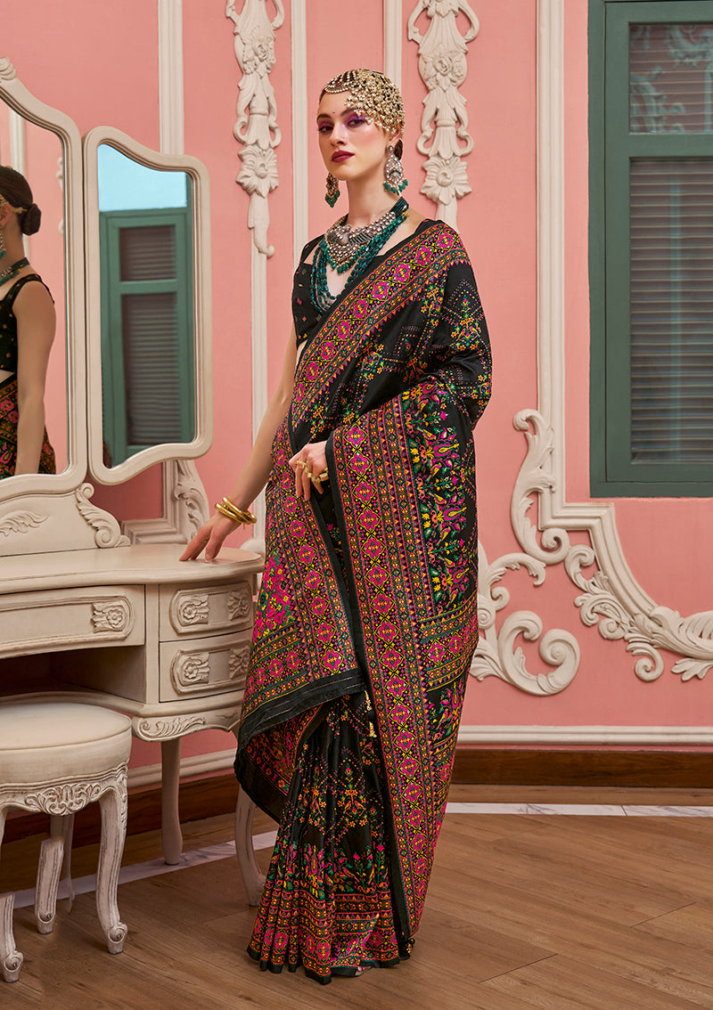 Monjolika Fashion Black Banarasi Silk Traditional Saree with Meenakari and Weaving Work - Distacart