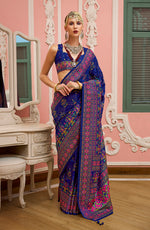 Thumbnail for Monjolika Fashion Blue Banarasi Silk Traditional Saree with Meenakari and Weaving Work - Distacart
