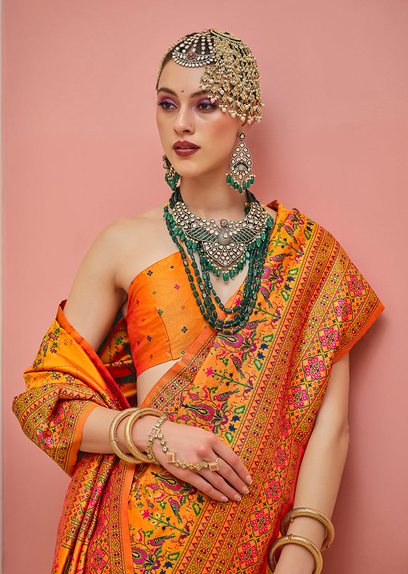 Monjolika Fashion Orange Banarasi Silk Traditional Saree with Meenakari and Weaving Work - Distacart
