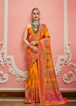 Thumbnail for Monjolika Fashion Orange Banarasi Silk Traditional Saree with Meenakari and Weaving Work - Distacart
