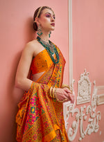 Thumbnail for Monjolika Fashion Orange Banarasi Silk Traditional Saree with Meenakari and Weaving Work - Distacart