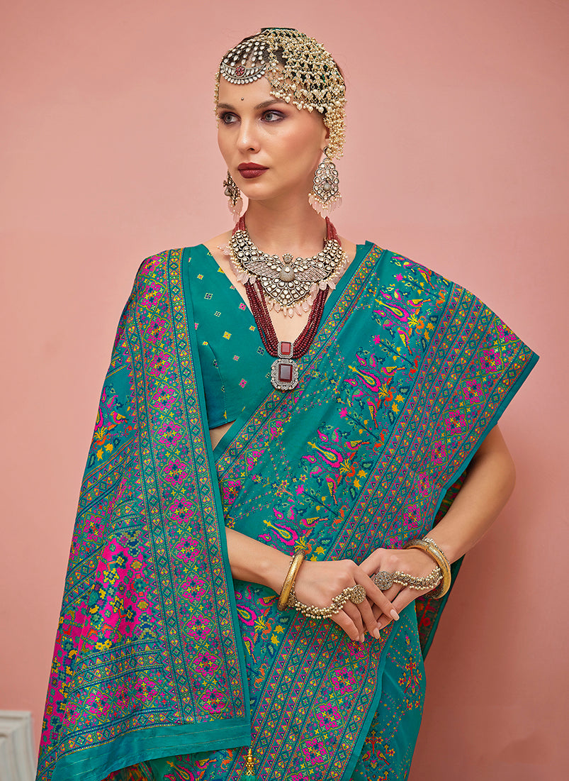 Monjolika Fashion Teal Banarasi Silk Traditional Saree with Meenakari and Weaving Work - Distacart
