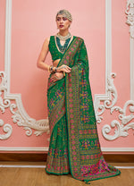 Thumbnail for Monjolika Fashion Green Banarasi Silk Traditional Saree with Meenakari and Weaving Work - Distacart