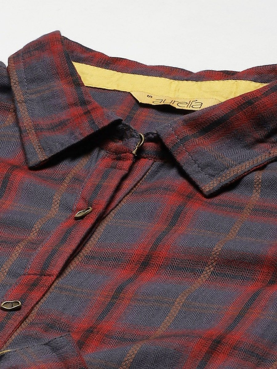 AURELIA Navy Blue & Maroon Checked Shirt Cotton Dress with Belt - Distacart