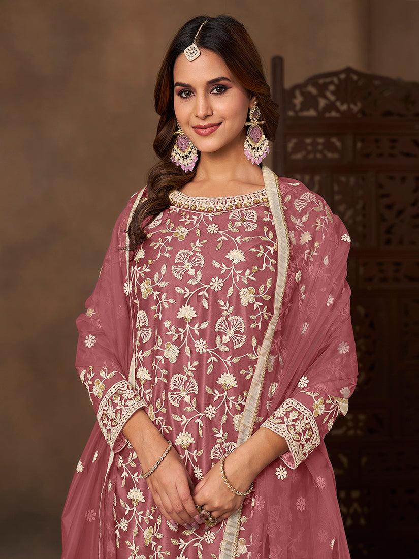 Monjolika Fashion Net Embroidered Onion Pink Salwar Kameez