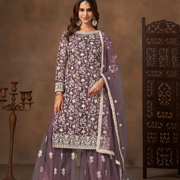 Monjolika Fashion Net Embroidered Lilac Salwar Kameez