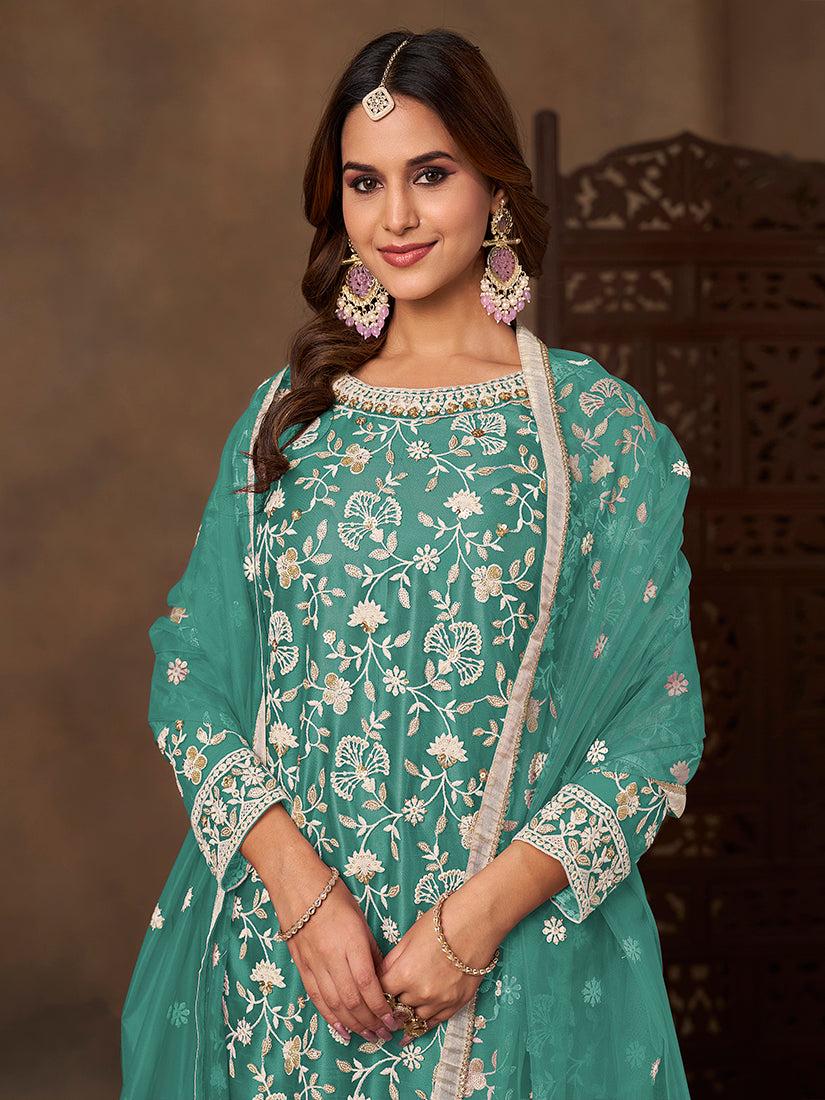 Monjolika Fashion Net Embroidered Turquoise Salwar Kameez
