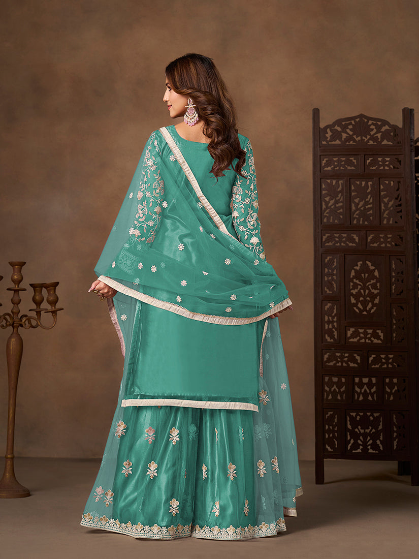 Monjolika Fashion Net Embroidered Turquoise Salwar Kameez