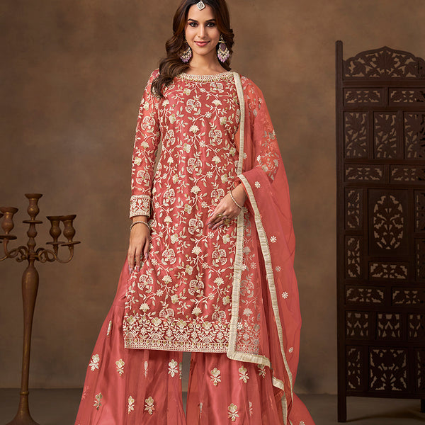 Monjolika Fashion Net Embroidered Coral Salwar Kameez