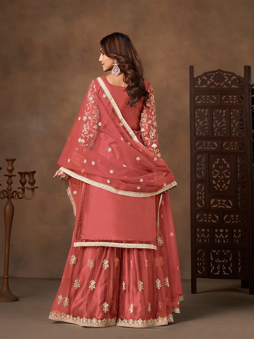Monjolika Fashion Net Embroidered Coral Salwar Kameez