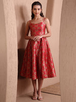 Thumbnail for Monjolika Fashion Women's Red Banarasi Brocade Festive Fit & Flare Midi Dress with Zari Weaving Work - Distacart