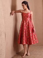 Thumbnail for Monjolika Fashion Women's Red Banarasi Brocade Festive Fit & Flare Midi Dress with Zari Weaving Work - Distacart