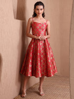 Thumbnail for Monjolika Fashion Women's Red Banarasi Brocade Festive Fit & Flare Midi Dress with Zari Weaving Work - Distacart