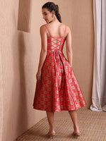 Thumbnail for Monjolika Fashion Women's Red Banarasi Brocade Festive Fit & Flare Midi Dress with Zari Weaving Work - Distacart