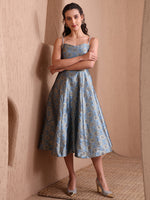 Thumbnail for Monjolika Fashion Women's Sky Blue Banarasi Brocade Festive Fit & Flare Midi Dress with Zari Weaving Work - Distacart