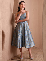 Thumbnail for Monjolika Fashion Women's Sky Blue Banarasi Brocade Festive Fit & Flare Midi Dress with Zari Weaving Work - Distacart