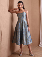 Thumbnail for Monjolika Fashion Women's Sky Blue Banarasi Brocade Festive Fit & Flare Midi Dress with Zari Weaving Work - Distacart