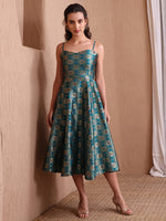 Thumbnail for Monjolika Fashion Women's Rama Green Banarasi Brocade Festive Fit & Flare Midi Dress with Zari Weaving Work - Distacart