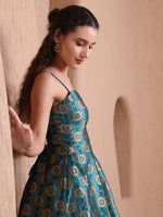 Thumbnail for Monjolika Fashion Women's Rama Green Banarasi Brocade Festive Fit & Flare Midi Dress with Zari Weaving Work - Distacart