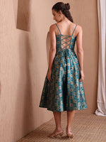 Thumbnail for Monjolika Fashion Women's Rama Green Banarasi Brocade Festive Fit & Flare Midi Dress with Zari Weaving Work - Distacart