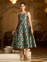 Thumbnail for Monjolika Fashion Green Jacquard Woven Floral Fit & Flare Midi Dress - Distacart