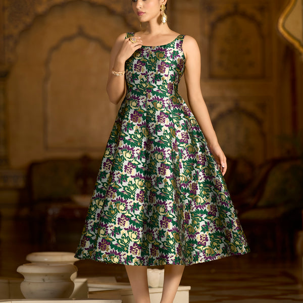 Monjolika Fashion Green Jacquard Woven Floral Fit & Flare Midi Dress - Distacart