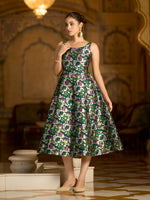 Thumbnail for Monjolika Fashion Green Jacquard Woven Floral Fit & Flare Midi Dress - Distacart