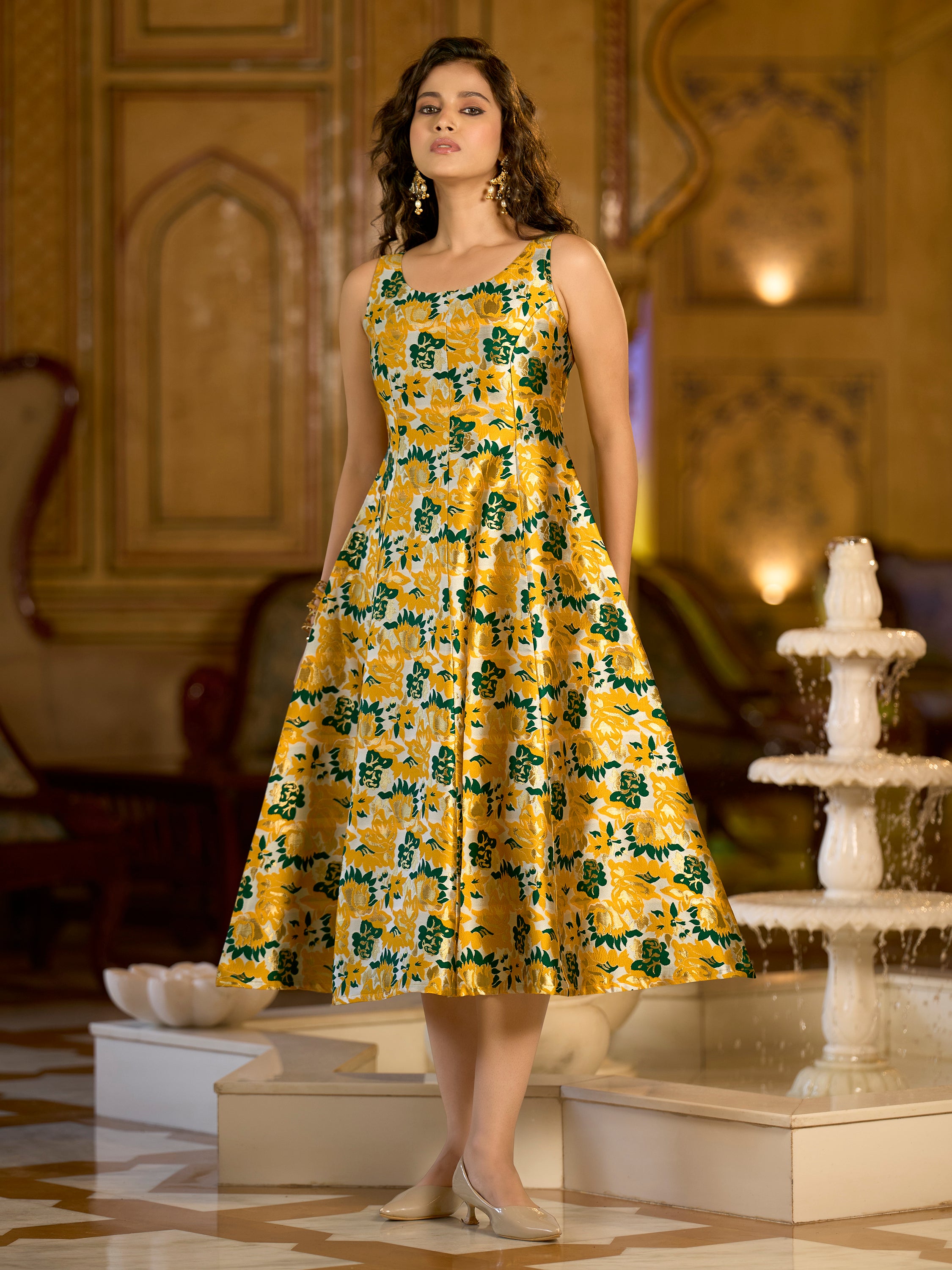 Monjolika Fashion Yellow Jacquard Woven Floral Fit & Flare Midi Dress - Distacart