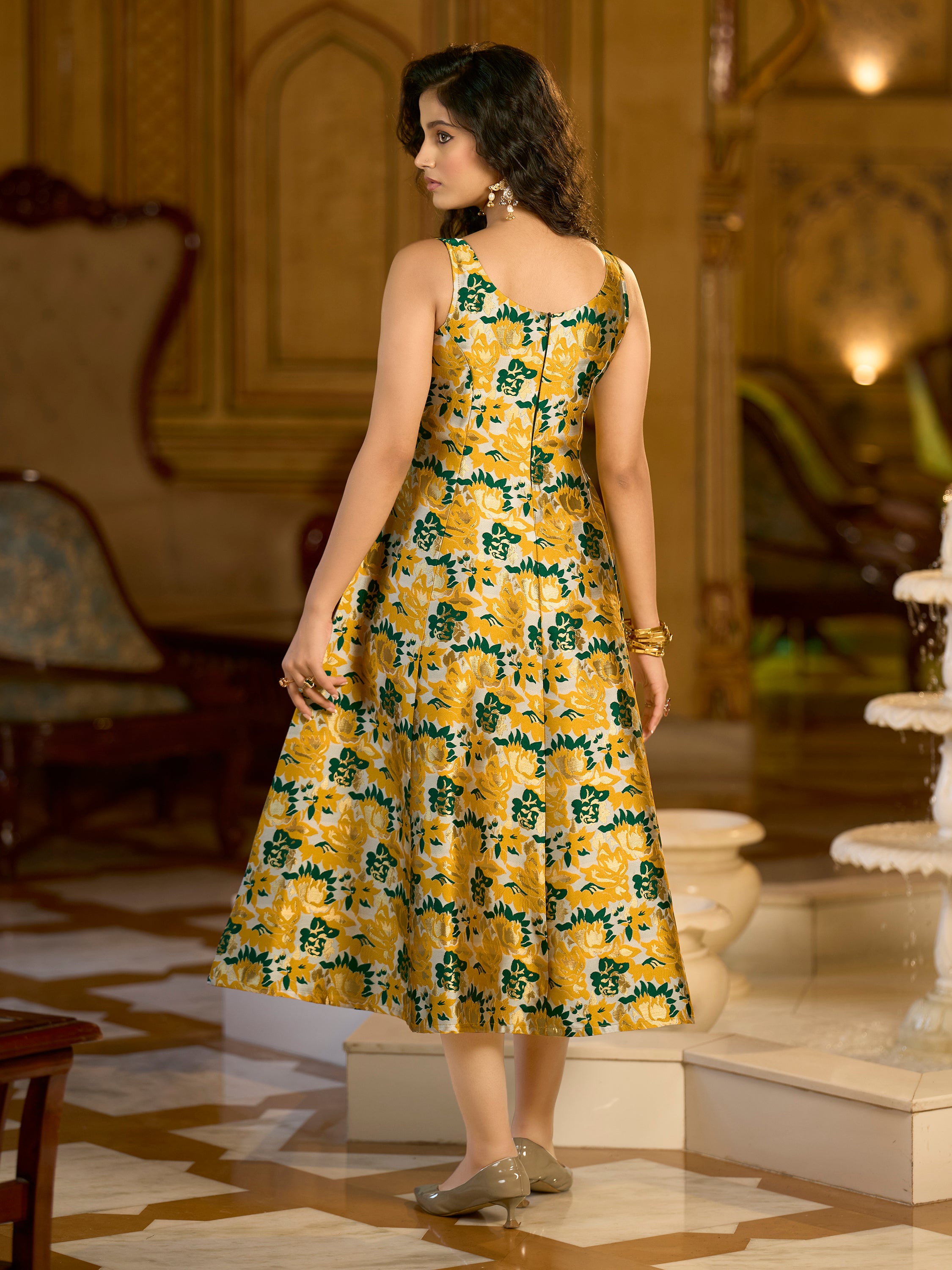 Monjolika Fashion Yellow Jacquard Woven Floral Fit & Flare Midi Dress - Distacart