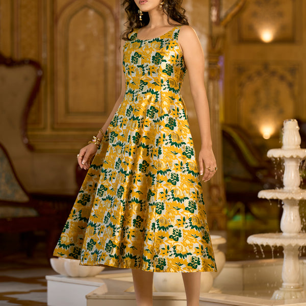 Monjolika Fashion Yellow Jacquard Woven Floral Fit & Flare Midi Dress - Distacart
