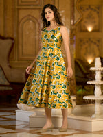 Thumbnail for Monjolika Fashion Yellow Jacquard Woven Floral Fit & Flare Midi Dress - Distacart