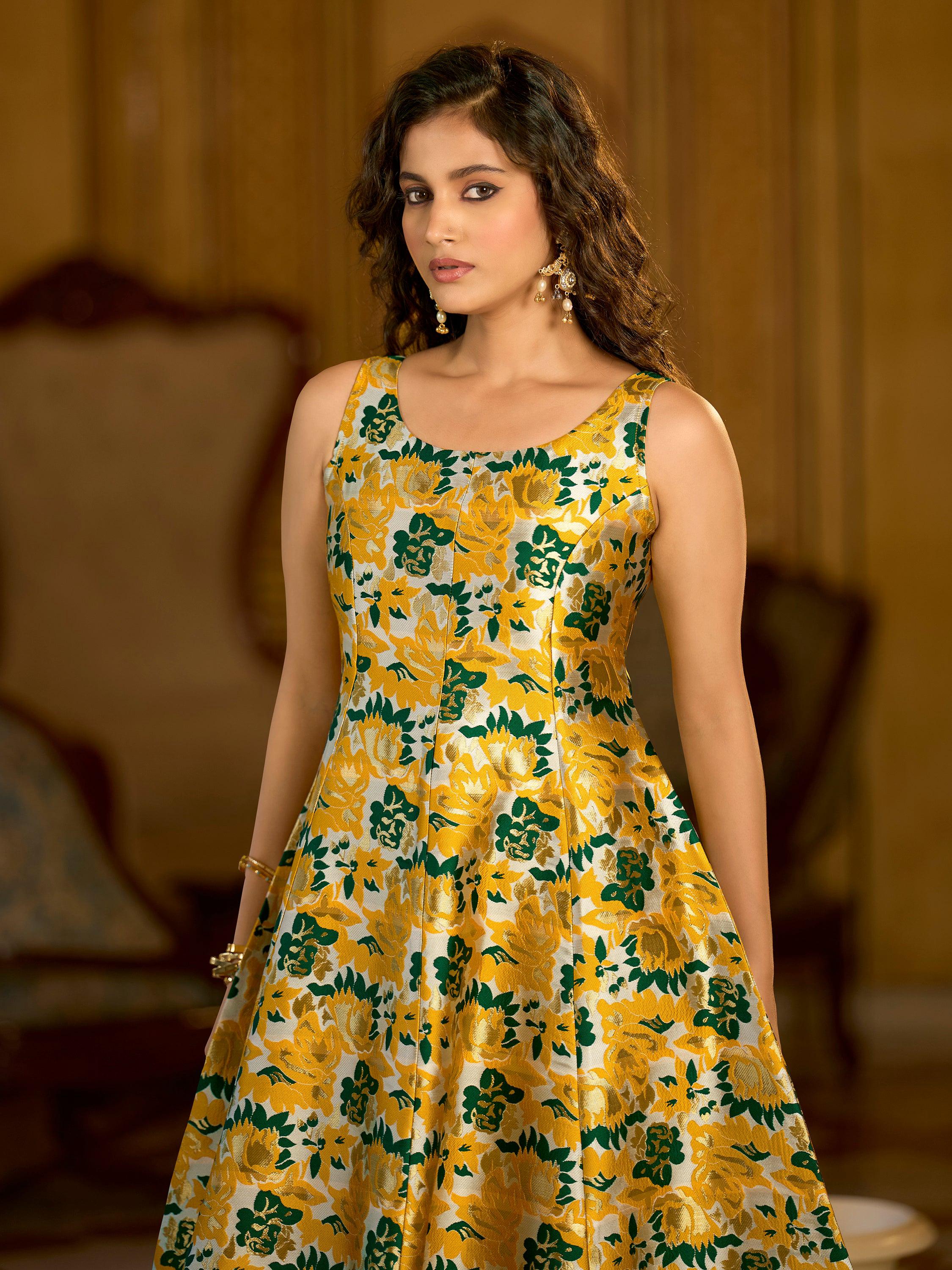 Monjolika Fashion Yellow Jacquard Woven Floral Fit & Flare Midi Dress - Distacart