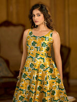 Thumbnail for Monjolika Fashion Yellow Jacquard Woven Floral Fit & Flare Midi Dress - Distacart