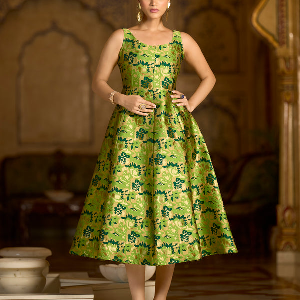Monjolika Fashion Parrot Green Jacquard Woven Floral Fit & Flare Midi Dress - Distacart