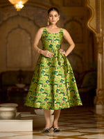 Thumbnail for Monjolika Fashion Parrot Green Jacquard Woven Floral Fit & Flare Midi Dress - Distacart