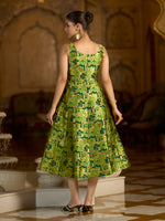 Thumbnail for Monjolika Fashion Parrot Green Jacquard Woven Floral Fit & Flare Midi Dress - Distacart