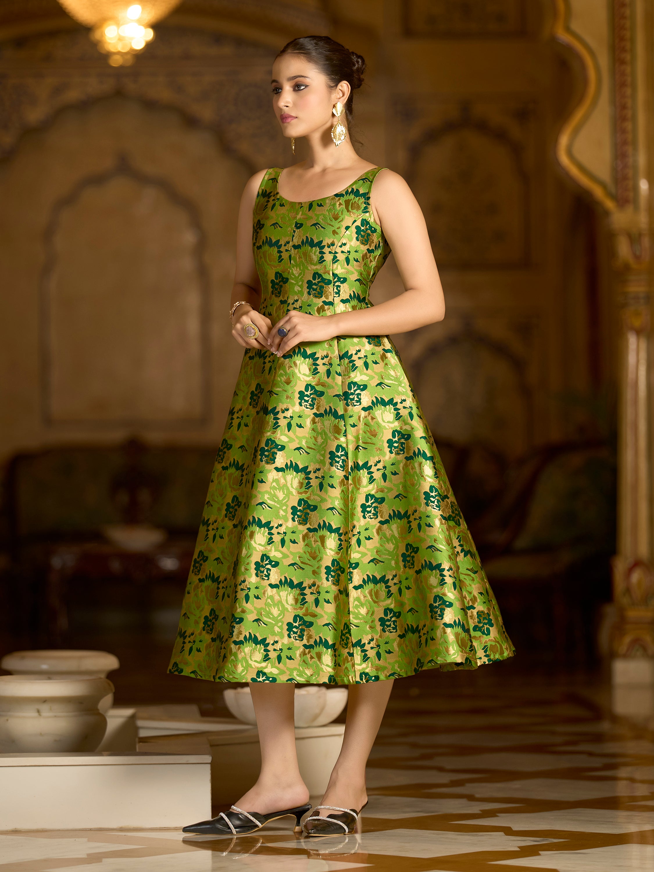 Monjolika Fashion Parrot Green Jacquard Woven Floral Fit & Flare Midi Dress - S-35 Monjolika Fashion Parrot Green Jacquard Woven Floral Fit & Flare Midi Dress - S-35