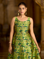 Thumbnail for Monjolika Fashion Parrot Green Jacquard Woven Floral Fit & Flare Midi Dress - Distacart