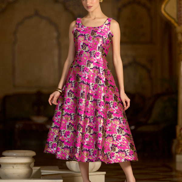 Monjolika Fashion Pink Jacquard Woven Floral Fit & Flare Midi Dress - Distacart