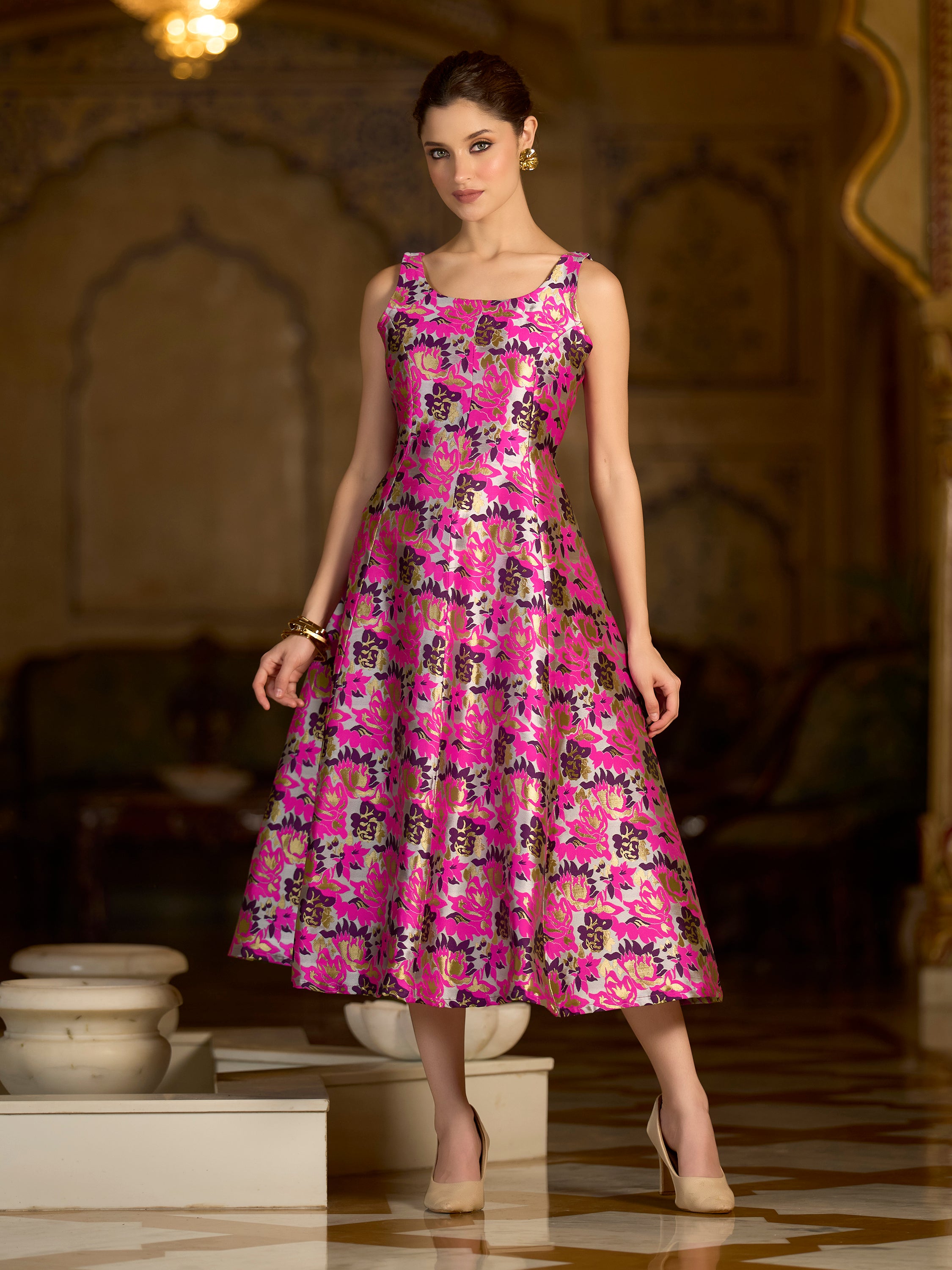 Monjolika Fashion Pink Jacquard Woven Floral Fit & Flare Midi Dress - Distacart