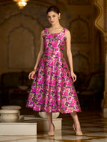 Thumbnail for Monjolika Fashion Pink Jacquard Woven Floral Fit & Flare Midi Dress - Distacart