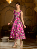 Thumbnail for Monjolika Fashion Pink Jacquard Woven Floral Fit & Flare Midi Dress - Distacart