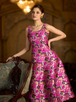 Thumbnail for Monjolika Fashion Pink Jacquard Woven Floral Fit & Flare Midi Dress - Distacart