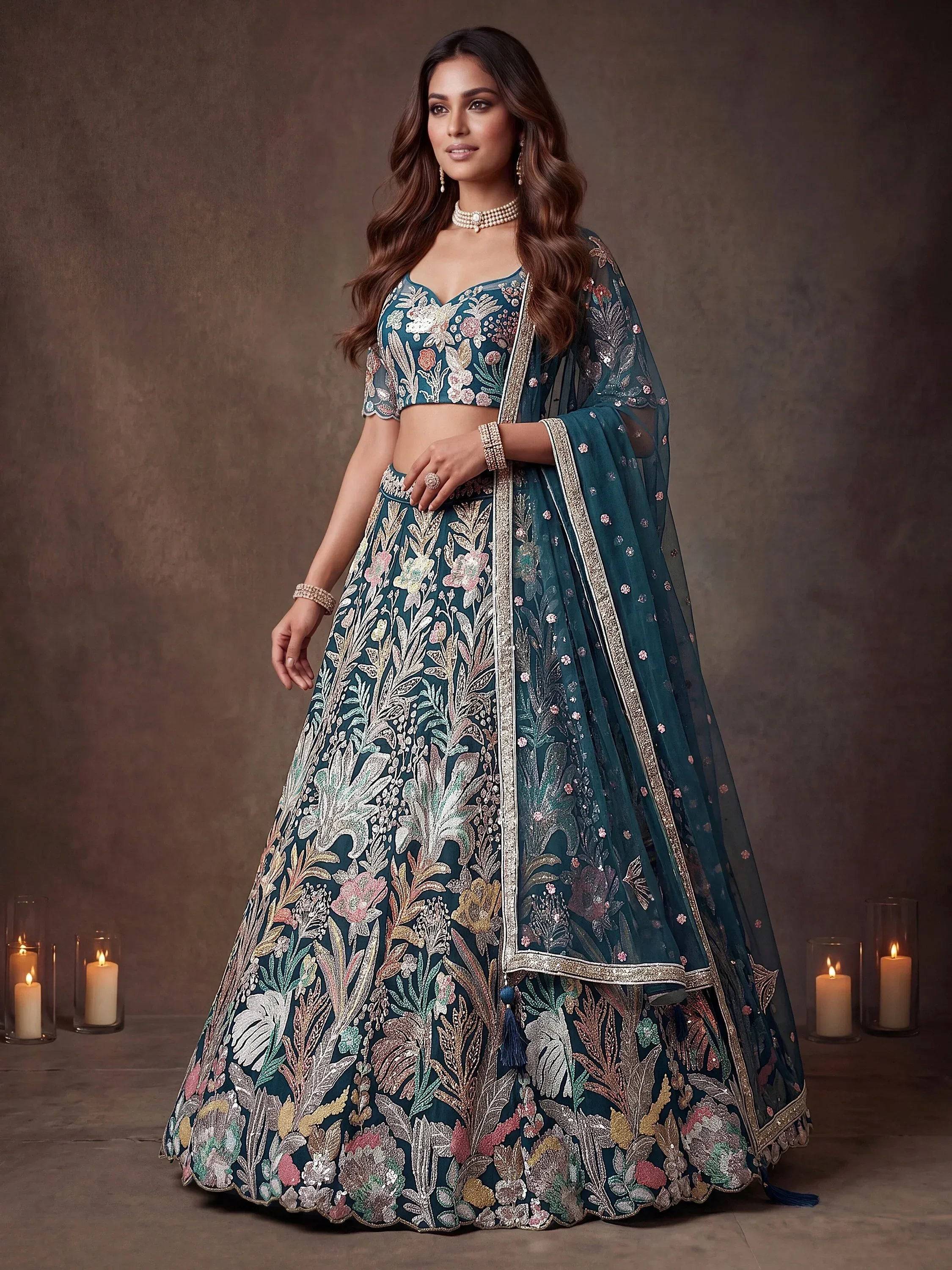 Tulsi Art Attractive Blue Sequins Net Engagement Wear Lehenga Choli With Dupatta - Dista