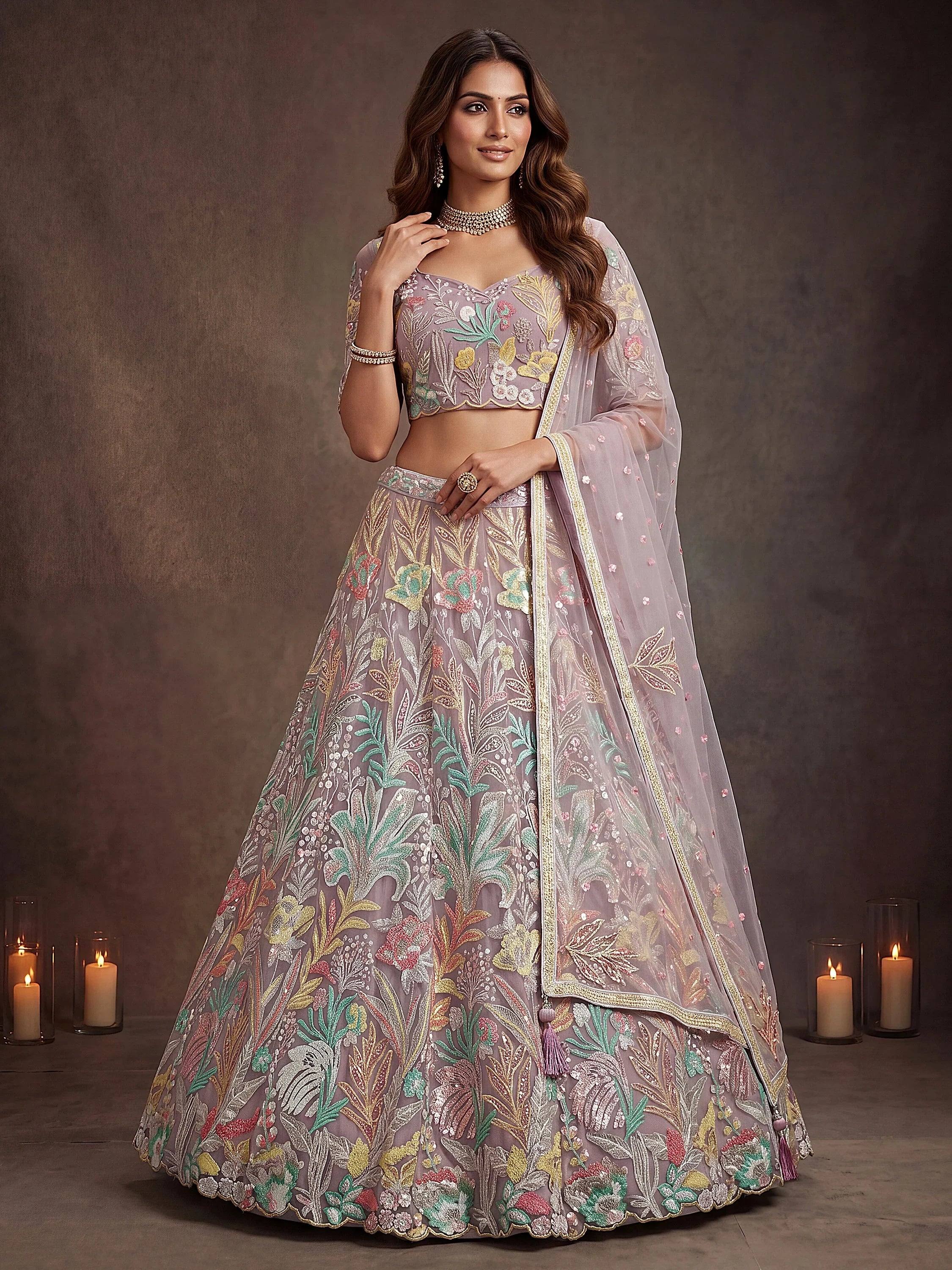 Tulsi Art Dazzling Lavender Sequins Net Wedding Wear Lehenga Choli - Dista