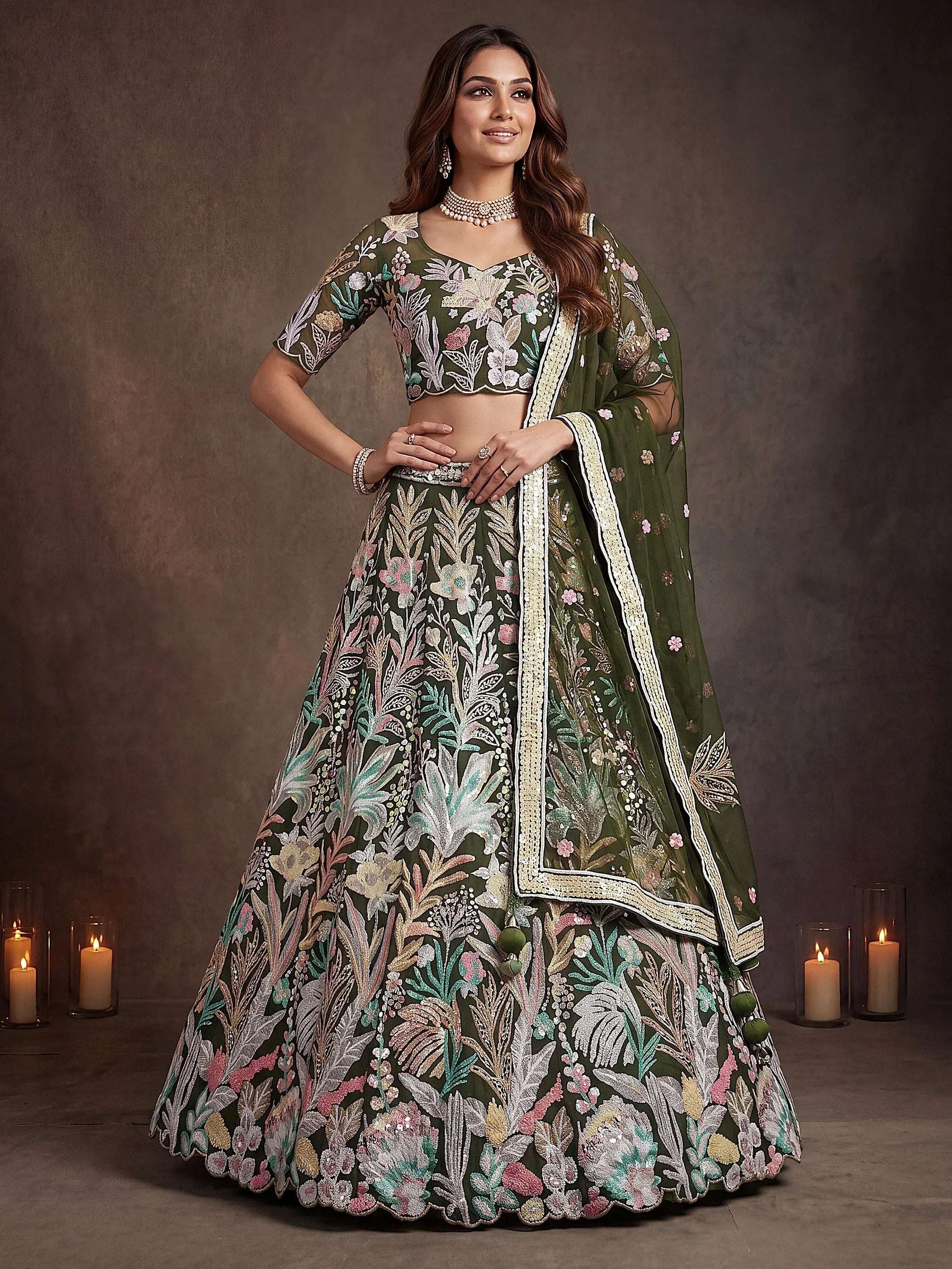 Tulsi Art Adorning Green Sequins Net Reception Wear Lehenga Choli With Dupatta - Dista