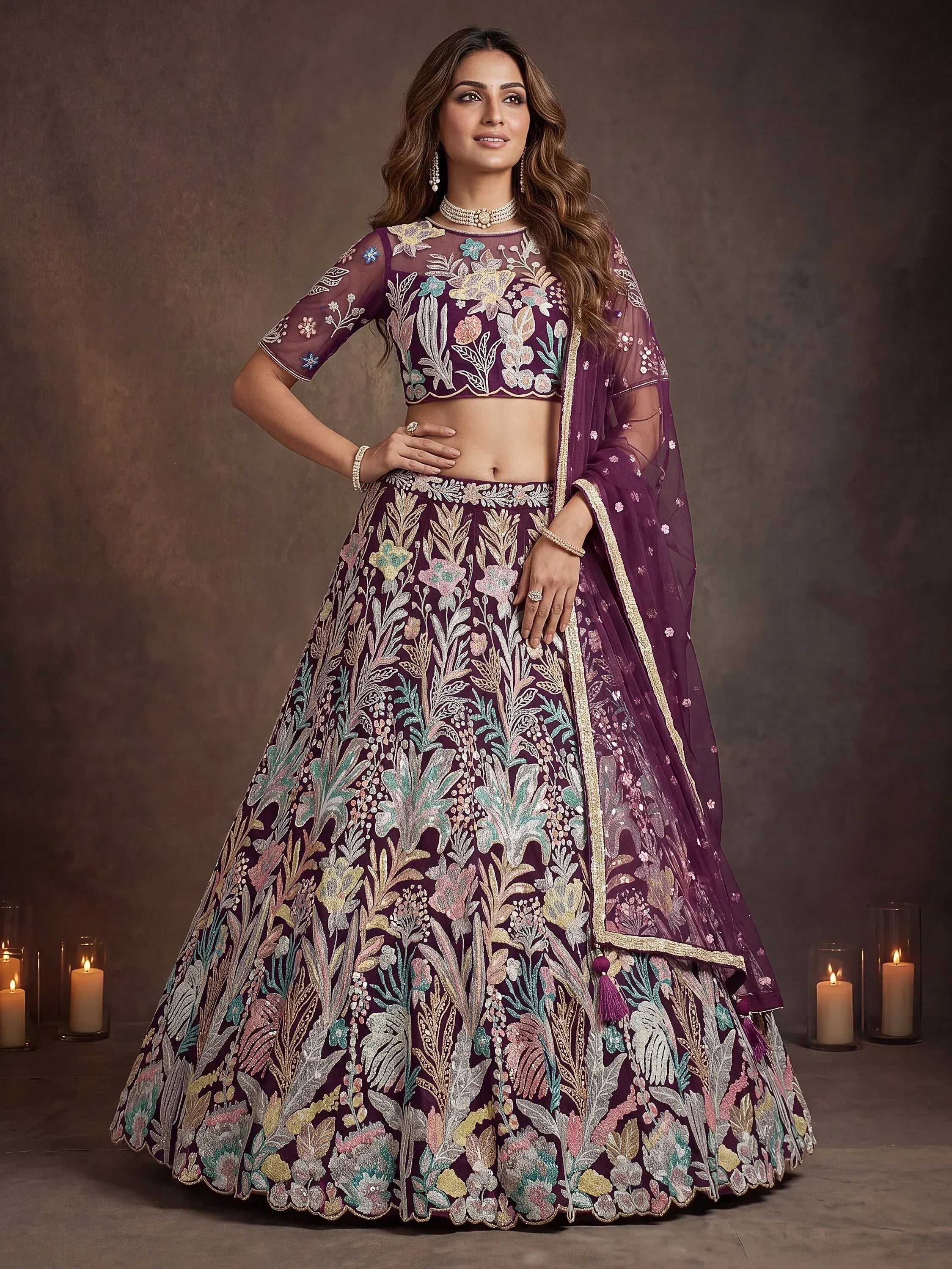 Tulsi Art Awesome Wine Sequins Net Reception Wear Lehenga Choli With Dupatta - Dista