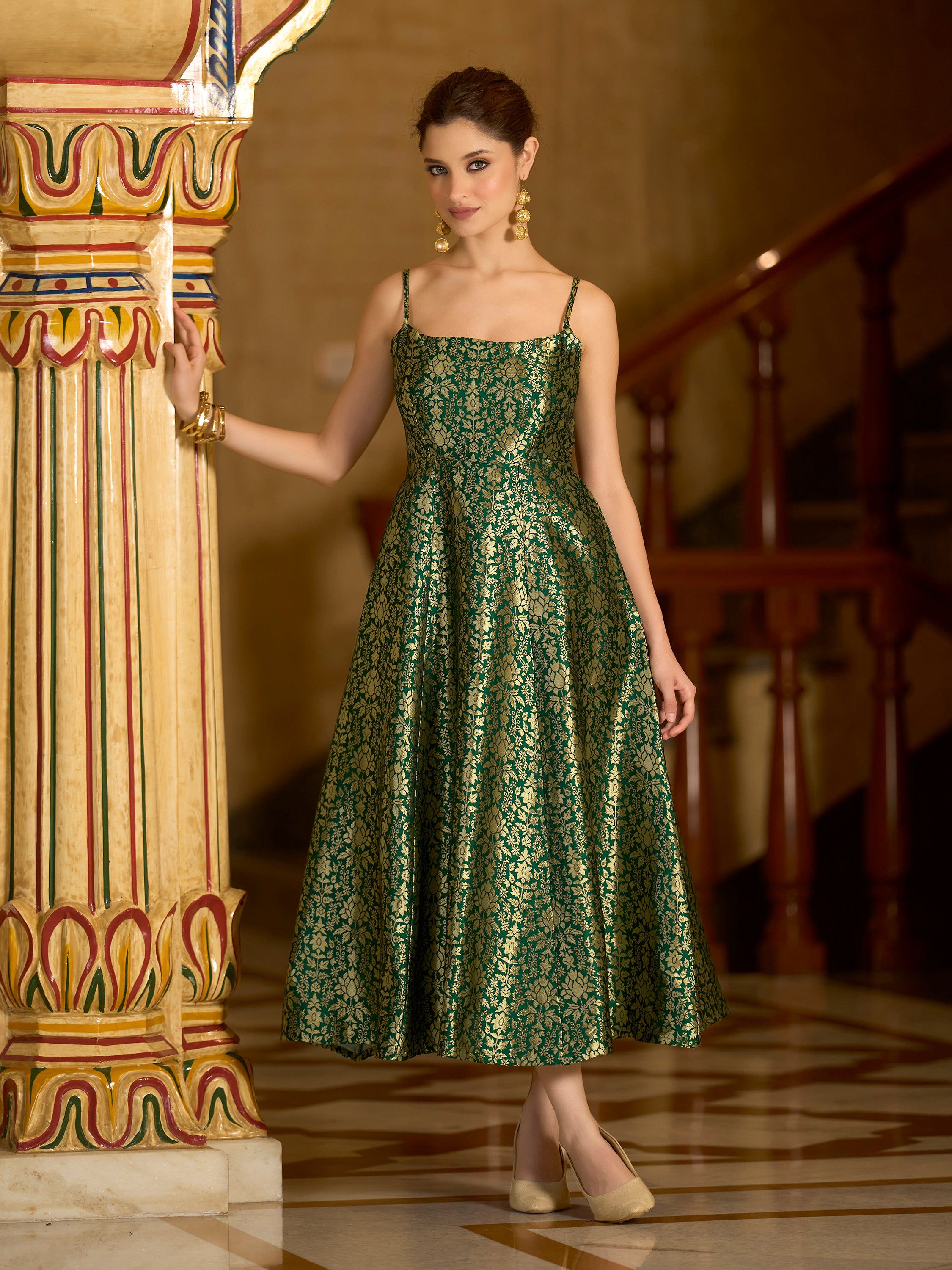 Monjolika Fashion Green Jacquard Zari Weaving A-Line Dress for Women - L-39 Monjolika Fashion Green Jacquard Zari Weaving A-Line Dress for Women - L-39